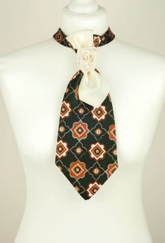 Unique Textile, Vintage Tie, Black Tie, White Rose Necktie
