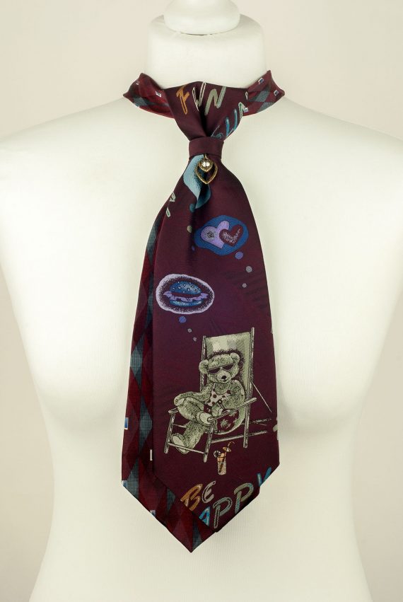 Teddy Bear Necktie, Vintage Tie, Burgundy Tie