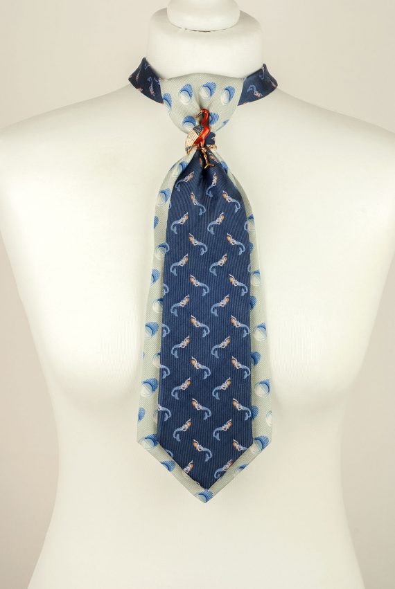 Mermaid Necktie, Blue Tie, Bird Brooch